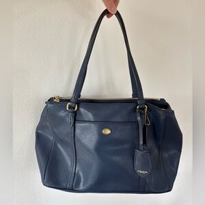 Coach Peyton Saffiano Leather Tote Large Purse Navy with Gold accents